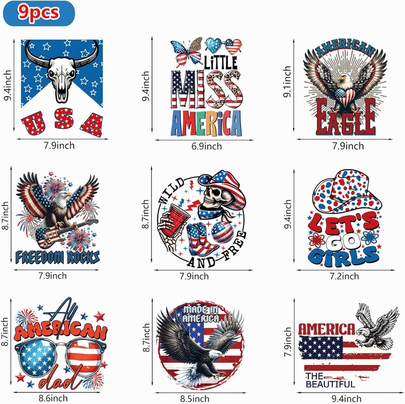 SUMELAY 9 Sheets Independence Day Iron on Transfers for T-Shirts, 4th of July DTF Transfers Ready to Press, Patriotic Heat Transfers Vinyl, American Flag Iron on Decals for Clothes Bag Pillow Covers - Image 2